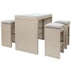 Topmax 5-piece Rattan Outdoor Patio Furniture Set Bar Dining Table Set with 4 Stools, Brown Cushion+Brown Wicker