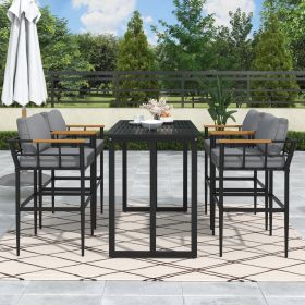 Steel Outdoor Dining Set with Acacia Wood Armrest Suitable For Patio; Balcony Or Backyard