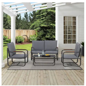 Outdoor Deep Seating Conversation Sofa Set, 4-Pieces Patio Metal Furniture with Dark Gray Cushions