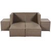 Outdoor 6-Piece Garden Furniture Set, PE Wicker Rattan Sectional Sofa Set with 2 Tea Tables, Brown Wicker+Beige Cushion