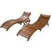 Outdoor Patio Wood Portable Extended Chaise Lounge Set with Foldable Tea Table for Balcony, Poolside, Garden