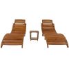 Outdoor Patio Wood Portable Extended Chaise Lounge Set with Foldable Tea Table for Balcony, Poolside, Garden