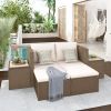 Outdoor 6-Piece Garden Furniture Set, PE Wicker Rattan Sectional Sofa Set with 2 Tea Tables, Brown Wicker+Beige Cushion