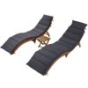 Outdoor Patio Wood Portable Extended Chaise Lounge Set with Foldable Tea Table for Balcony, Poolside, Garden