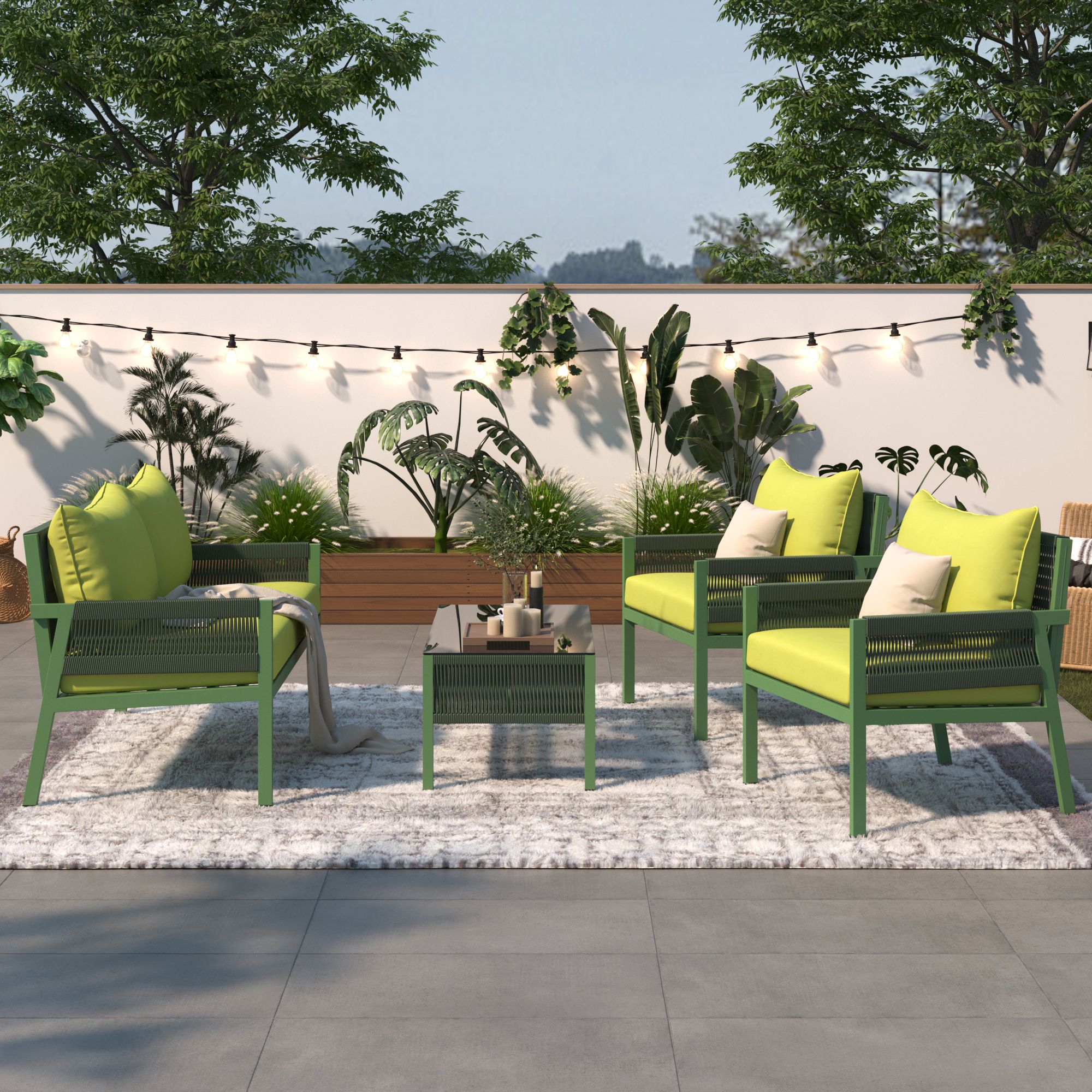 4-Piece Rope Patio Furniture Set, Outdoor Furniture with Tempered Glass Table 4-Piece Rope Patio Furniture Set, Outdoor Furniture with Tempered Glass Table